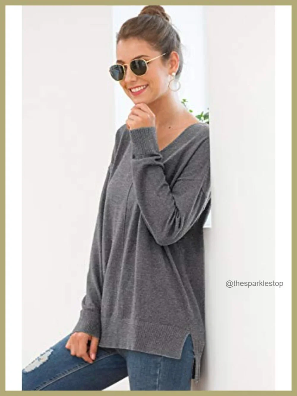 Women's V-Neck Batwing Sleeve Sweater Pullover Lightweight Knit